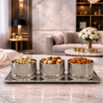 3 Piece Glass Snack Bowl & Stainless Steel Tray Set – Elegant Dowry & Gift Box Presentation